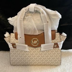New Michael Kors Carmen Medium Logo and Faux Leather Belted Satchel in Vanilla